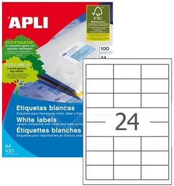 Самоклеящиеся этикетки универсальные Apli, 64.4x33.8 мм, 100 листов, 24 шт, белый