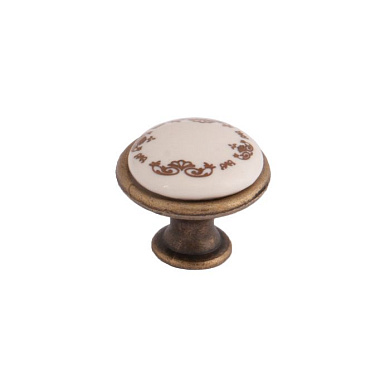 Ручка меб. кнопка мет. GP19 с керам. вставкой (крем) старое золото/золотой узор тип 2 AKS 75704