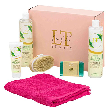Набор Алоэ и зеленый чай, шампунь, гель для душа, крем бальзам для рук, мыло, щетка массажная, полотенце 40х70 La and Te beaute LT-1 GR