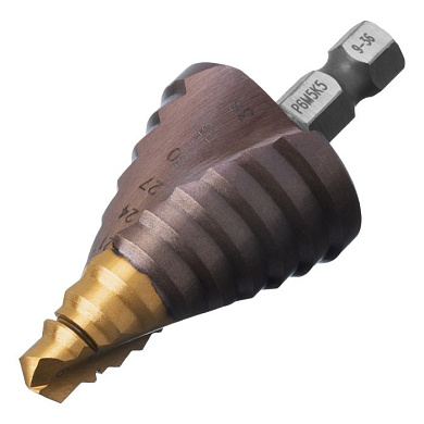 Сверло ступенчатое, 9-12-15-18-21-24-27-30-33-36 мм, Р6М5К5, 6-гр. хвостовик Denzel 723615