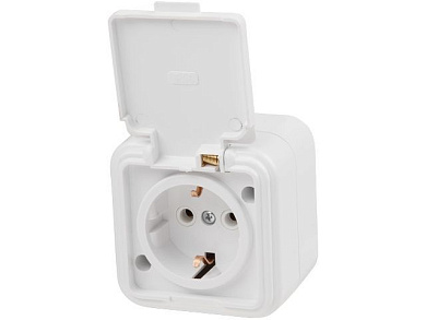 Розетка 1-ая, открытая, с/з, брызг. защ., белая, Стандарт, RA16-211-Б, Юпитер JP7410-05