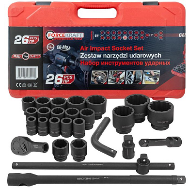 Набор ударных головок 26 пр, 3/4''&1'' 6-гр. 17-65 мм ForceKraft FK-68262-9MPB