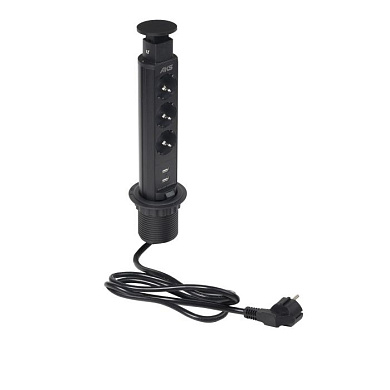 Выдвижной удлинитель Vulcan USB, 60 мм 3 розетки 2 USB, пластик, черный, AKS 113478