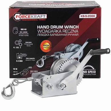 Лебедка ручная барабанная, 900 кг, стальной трос, диаметр троса - 4.5 мм, длина троса - 10 м ForceKraft FK-KB-S-2000