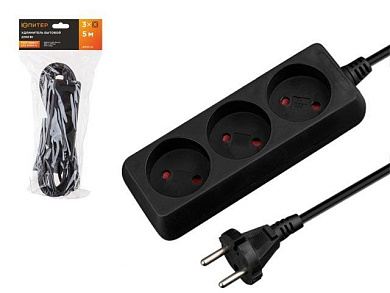 Удлинитель 5 м, 3 роз., 2,2кВт, б/з, ПВС 2х0,75, черный, Юпитер JP8101-32
