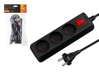Удлинитель 3 м, 3 роз., 2,2кВт, б/з, выкл, ПВС 2х0,75, черный, Юпитер JP8103-21