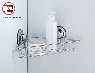 Полка в ванную - корзина угловая на вакуумных присосках, пластик + сталь, хром Ledeme L3728-1