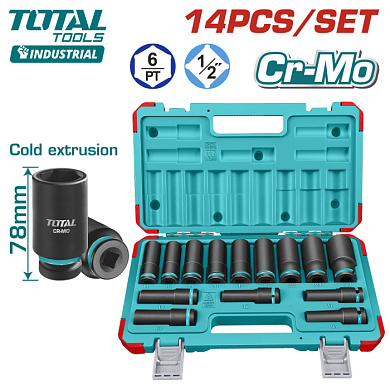 Набор глубоких ударных головок 10-27 мм 1/2" 6-гр 14 пр TOTAL THKISD12143L