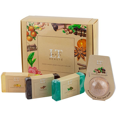 Набор 1, мыло Имбирь и апельсин, Корица, Мята и чайное дерево, шар Ореховый бисквит La and Te beaute LT-SP1(мыло+шар)