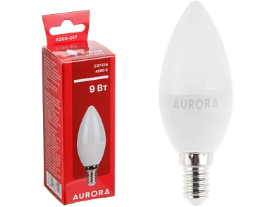 Лампа светодиодная C37 Свеча 9Вт 230В E14 4500K AURORA A200-017