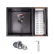 Мойка нерж. сталь, прямоугольная двухчашевая, 750*510мм, черный, универсальная (3,2мм) AKS 79256