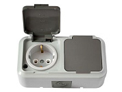 Розетка 2-ая (открытая, с/з, брызг. защ.) серая, Пралеска Аква, (IP54 пылебрызгозащищенные) Bylectrica РА16-303(03)