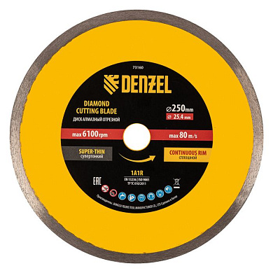 Диск алмазный сплошной, супертонкий, 250 х 25,4 мм, горячее прессование, мокрое резание Denzel 73160