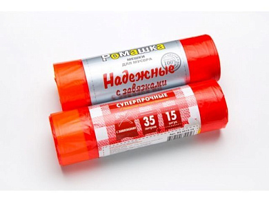 Мешки для мусора с завязками, 35 л, 15 шт, "НАДЕЖНЫЕ", красные, 50х53 см/18 мкН РОМАШКА ВЗ0351514