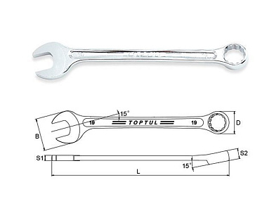 Комбинированный ключ, со смещением 15°, 19 мм. Toptul AAEX1919