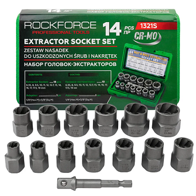 Набор головкок-экстракторов для извлечения поврежденных болтов/гаек 14 пр RockForce RF-1321S