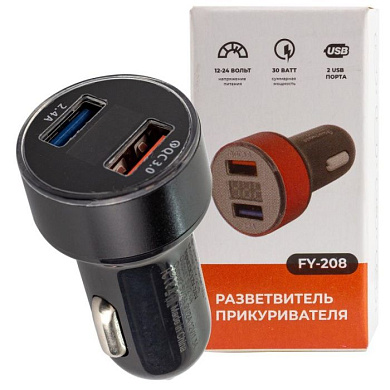 Автомобильное зарядное устройство FY-208 с вольтметром, 12V-24V, USB:5V-Max 2.4A, QC3.0: 5V/3A,9V/2A,12V/1.5A KING FY-208