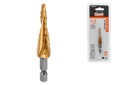 Сверло по металлу ступенчатое 4-12 мм HSS TIN, с коническим желобком, нитридтитановое покрытие GEPARD GP0304-12