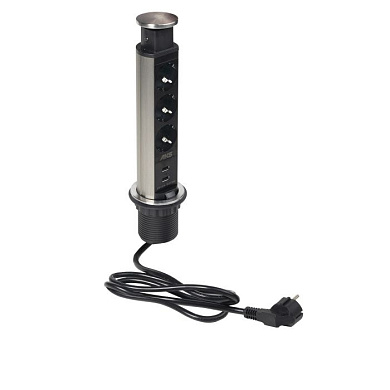 Выдвижной удлинитель Vulcan USB, 60 мм 3 розетки 2 USB, металл, AKS 113479