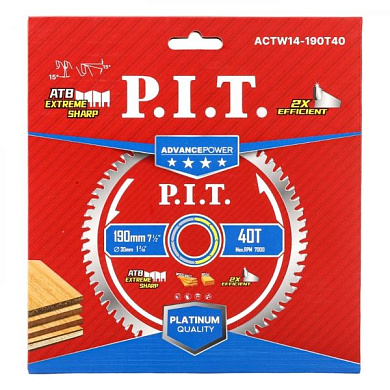 Диск пильный по дереву ADVANCE 190x30x1,4 мм, 40T Carbide, зуб ATB 15° PIT ACTW14-190T40