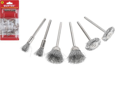 Набор щеток для гравера из нерж. стали, 6 шт. в блистере, хвостовик 3,2 мм WORTEX 1335683