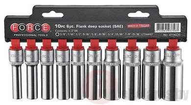 Набор глубокиз дюймовых головок 6-гр. 10 пр. 1/2", размеры 3/8"-15/16" Force 4106DS