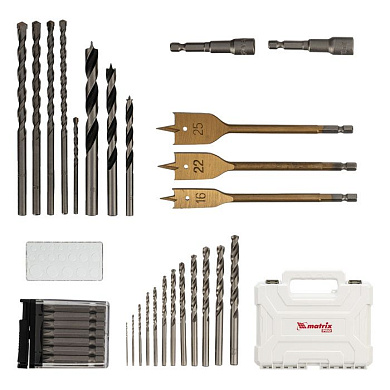 Набор сверл комбинированный, сверла по металлу 1-6,5 мм, бетону 4-8 мм, дереву 4-10 мм, перки, биты 20 шт, адаптер, головки 2 шт, зенковка, 50 пр. Pro Matrix 725650