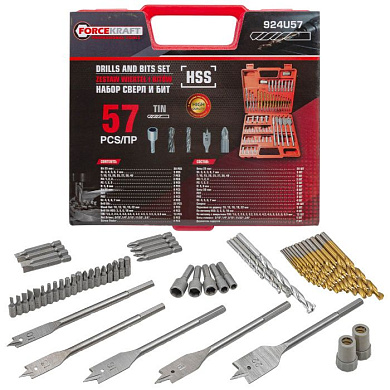 Набор бит и сверл по металлу, дереву, камню 57 пр ForceKraft FK-924U57