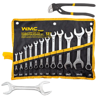 Набор комбинированных 10-22 мм и рожковых ключей 6х7, 8х9, 24х27, 30х32, 36х41 мм, пассатижи, 14 пр WMC TOOLS WMC-5198P+2