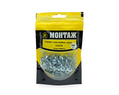 Саморез с прессшайбой 4.2x14, сверло, цинк, дой-пак S, 100 шт МОНТАЖ MD001112