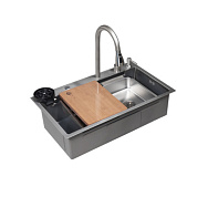 Мойка н/сталь, прямоугольная одночашевая, со смесителем, 750*450мм, сатин, PVD покрытие, врезн на/вровень столешнице, AKS (3,2мм) 112680