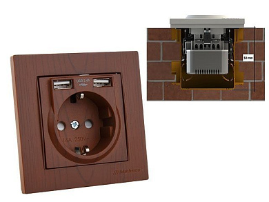 Розетка 1-ая, скрытая, с/з, + 2 USB орех, RITA, Mutlusan 22206190257