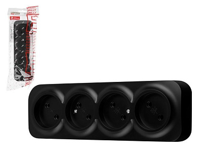 Розетка 4-ая, открытая, б/з черная, Bailly, LEIDEN ELECTRIC 806020