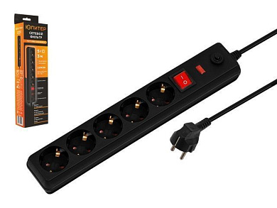 Фильтр сетевой 3м, 5 роз., 2,2кВт, с/з, выкл, ПВС 3х0,75 черный Юпитер JP8501-11