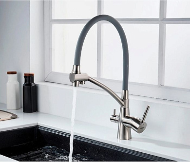 Смеситель для кухни с подключением к фильтру с гибким изливом, латунь, сатин + серый Ledeme L4855A-9