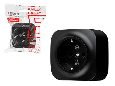 Розетка 1-ая, открытая, с/з черная, Bailly, LEIDEN ELECTRIC 806014