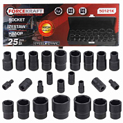 Набор головок ударных 25 пр. 1/4''&1/2'', 6-гр., 1/2'': 10-32 мм 1/4'': 4-13 мм, ForceKraft FK-50121K