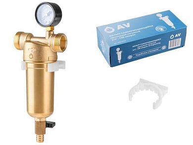 Фильтр самоочищающийся 1" нар. или 3/4"вн., 100 микрон, с манометром, инд. упак., промывной латунный AV Engineering AVE115702