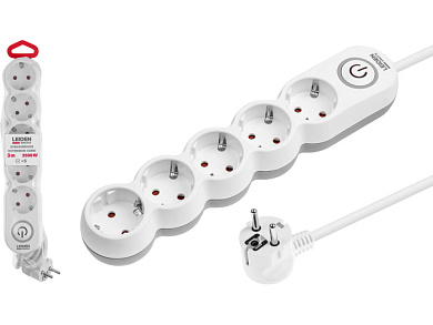 Удлинитель 3м (5 роз. 3,5кВт с/з выкл ПВС 3х1,5) LEIDEN ELECTRIC 805039