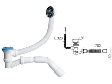 Сифон для ванны низкий h 120mm, с выпуском и переливом 70 мм, с гибкой трубой 40х40/50, AV Engineer (AV Engineering) AVE129730