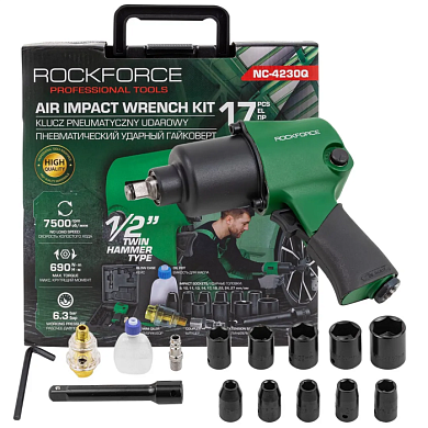 Гайковерт пневматический ударный 1/2'' 690Нм, с набором инструментов 17 пр RockForce RF-NC-4230Q