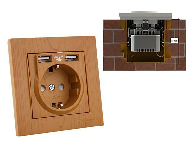 Розетка 1-ая, скрытая, с/з, + 2 USB дуб, RITA, Mutlusan 22206190258
