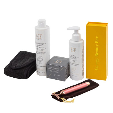 Набор, массажер для кожи вокруг глаз, повязка на голову на липучке, гель-пенка-1824, увлажняющий тоник-1763, крем для лица-1862 La and Te beaute LT-31