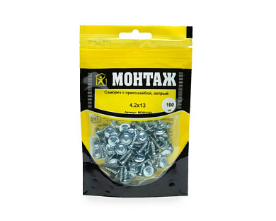 Саморез с прессшайбой 4.2x13, острый, цинк, дой-пак S, 100 шт МОНТАЖ MD001103