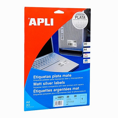 Этикетки влагоустойчивые матовые из полиэстера Apli, 210x297 мм, 20 листов, 1 шт, металлик
