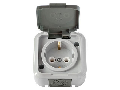 Розетка 1-ая (открытая, с/з, брызг. защ.) серая, Пралеска Аква, (IP54 пылебрызгозащищенные) Bylectrica РА16-297(03)
