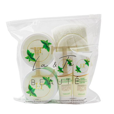 Набор Алоэ и зеленый чай, крем бальзам для рук, гель-скраб для тела, крем для тела, крем для ног, повязка на липучке La and Te beaute LT-40