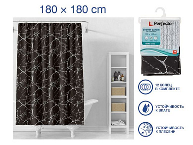 Шторка для ванной, 12 колец в комплекте, 180x180 см, Secret, черный мрамор, ПЭВА PERFECTO LINEA 36-118202