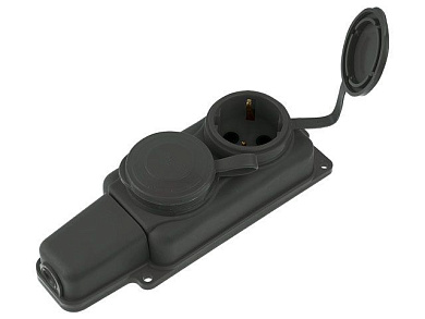 Розетка 2-ая переносная, с/з, 16А, 250В, брызг. защ., каучук, черная, РП16-232, Юпитер JP7601-02