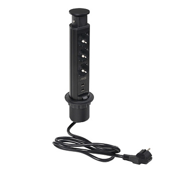 Выдвижной удлинитель Vulcan USB, 60 мм 3 розетки 2 USB, пластик, цвет черный, тип 2, AKS 113480